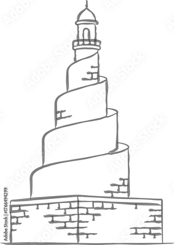 Spiral minaret tower rising above brick base