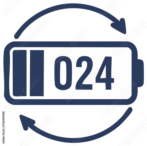 Digital battery icon displaying 024 charge level with looping arrows representing power cycle.