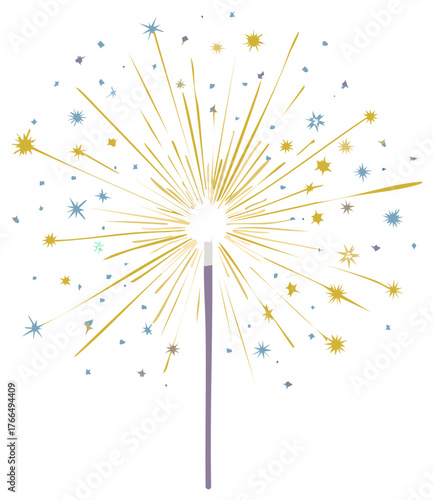 Festive sparkler with radiating gold and blue starbursts and confetti elements