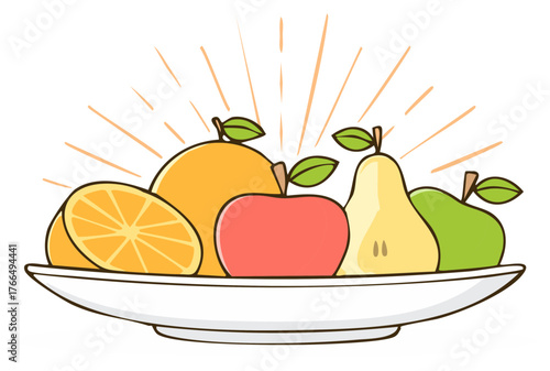 Fruit bowl of oranges, apples, and pears with a bright cartoon outline