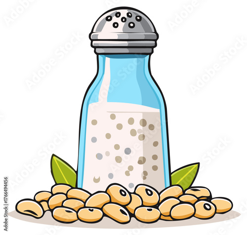 Cartoon Illustration of Soy Milk Powder in a Shaker with Soybeans and Leaves, a Vegan Dairy-Free Alternative Ingredient.