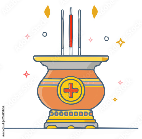 Incense Burner with Burning Sticks for Religious Ceremony Flat Design Illustration Style