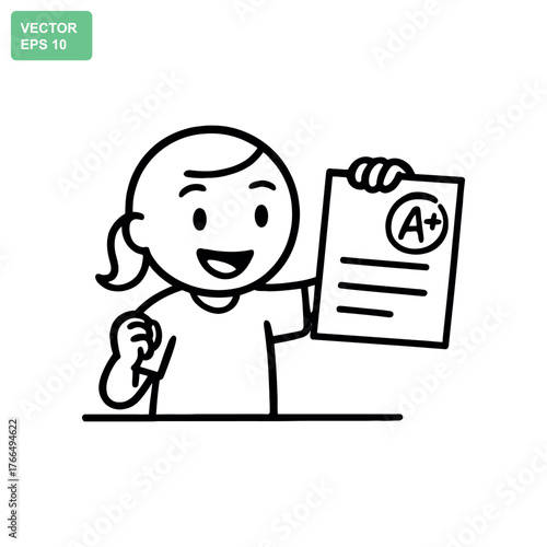 Happy student proudly displays excellent a plus grade on paper