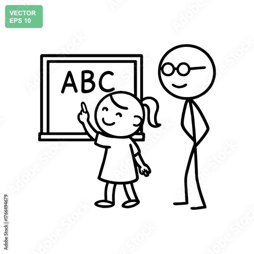 Child learning abcs at a blackboard with a teacher watching