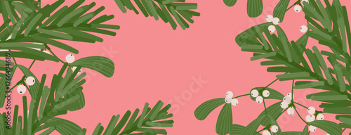 Christmas background with fir branches and mistletoe on pink backdrop. Simple flat banner for holiday greeting cards, banners, flyers, or invitations. Vector illustration