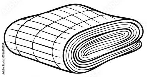 Rolled Quilted Fabric or Paper Material, Isometric Cutout Line Drawing, Soft Plaid Blanket Design