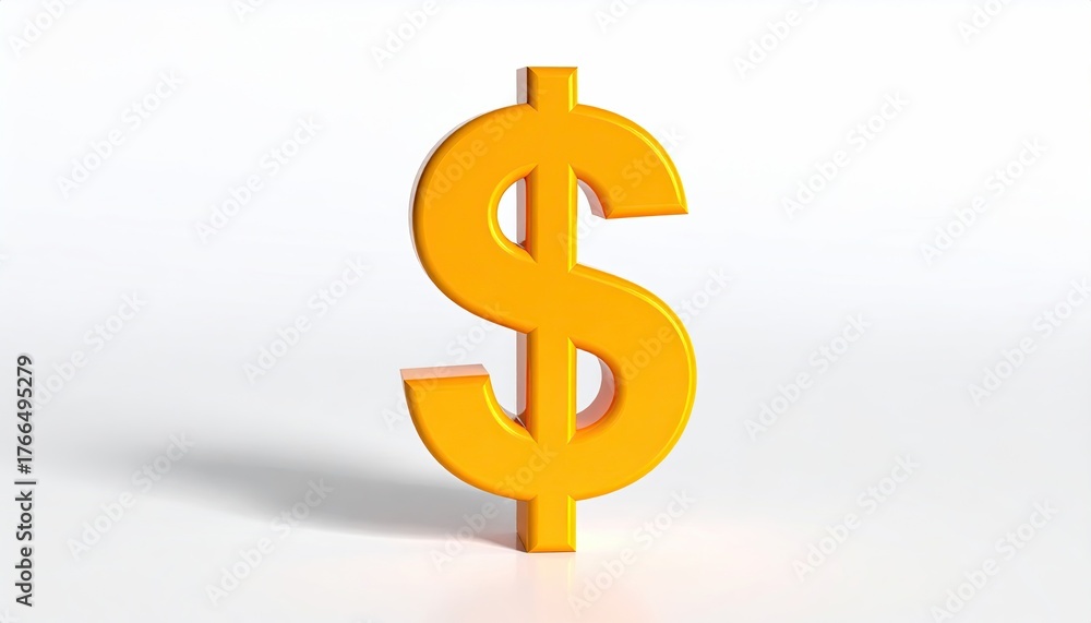 Fototapeta premium Shiny, golden, three-dimensional dollar sign casting a shadow on a white surface