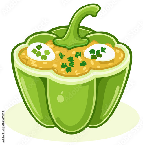 Vector illustration of a fresh stuffed green bell pepper with filling and sour cream garnish
