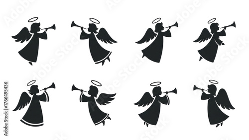 Set of Eight Christmas Angel Silhouettes with Trumpet Icons - Herald, Holy, Celestial, Vector Collection
