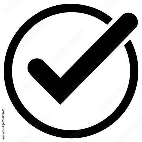 Black check mark inside a circle, representing approval or confirmation, simple and minimal design