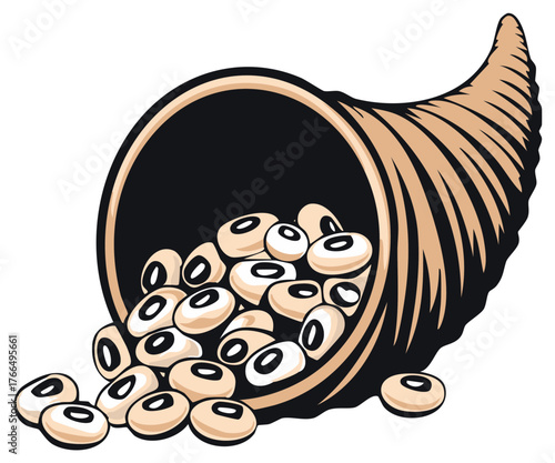 Stylized cornucopia overflowing with black-eyed peas, a symbol of harvest abundance and good fortune.