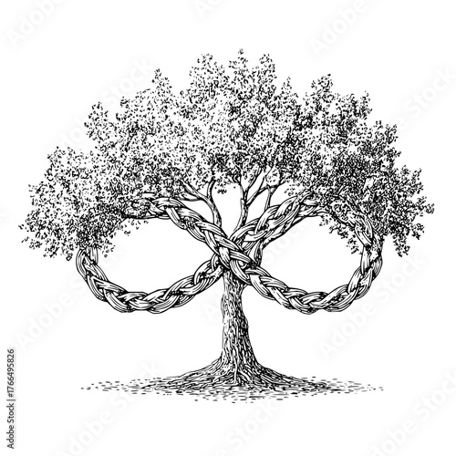 Infinity tree with braided branches symbolizing eternal growth and interconnectedness of life in nature