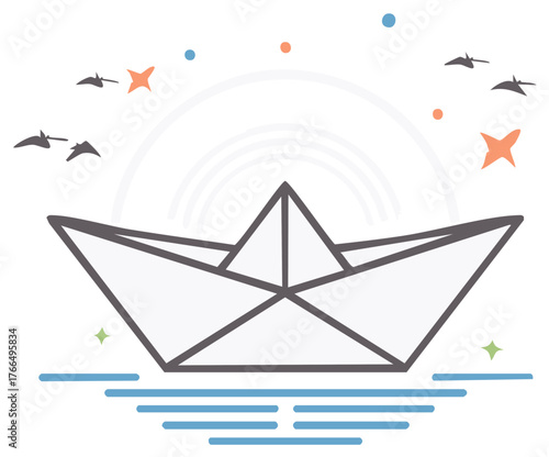 Paper Boat Floating on Water with Birds Stars Sky. Origami vessel on sea. Dreamy travel with simple linear art