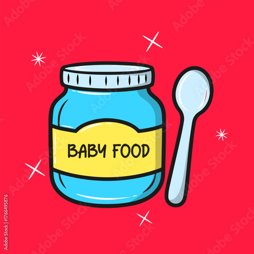 Flat, bright vector icon of a lidded baby food jar and spoon, representing infant nutrition illustration.