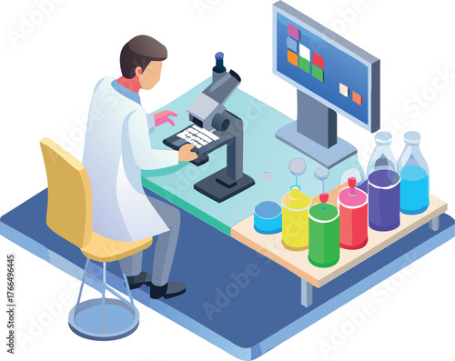 Isometric Illustration of Scientist Working in Lab with Microscope and Computer