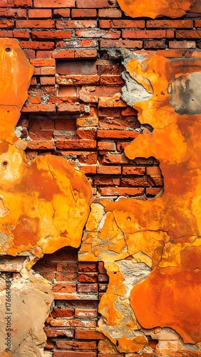 A decaying brick wall with peeling orange plaster