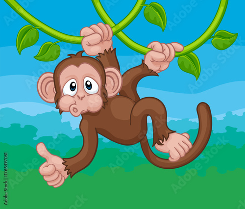 A monkey cartoon character singing on jungle vines and giving a thumbs up