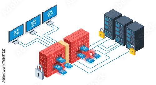 Network security illustration Firewall protecting server and connected devices from cyber threats