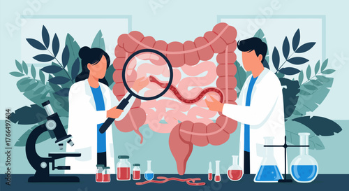 Human Intestinal Health Doctors Examining Bowel with Microscope and Magnifying Glass