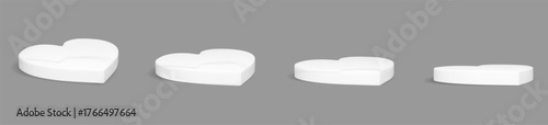 3d heart product podium. Valentine display platform for white room. Realistic floating stand set for studio scene. Minimal empty showcase for mother day banner. Abstract cute cosmetic presentation.