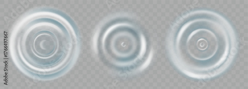 Blue water wave effect. Drop splash top view vector. 3d transparent liquid surface with concentric circle. Impact puddle motion texture. Circular rain ripple for pool. Radar or wifi point design.