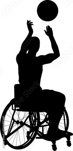 Silhouette of an athlete in a sports wheelchair with arms extended forward, releasing a basketball into the air.