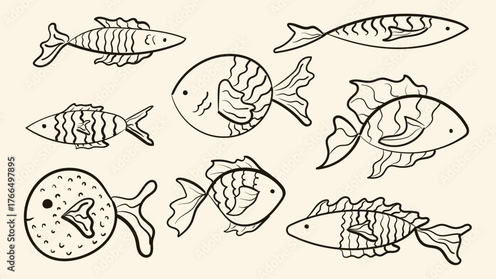 Obraz premium Doodle drawing of sea animals. Vintage ink sketch style minimalist fishes. Hand drawn retro style vector illustration.