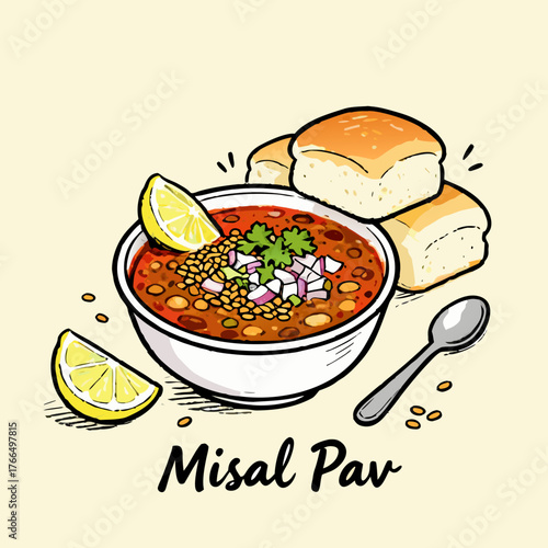 Authentic Misal Pav Illustration - A Flavorful Indian Spicy Curry with Bread Rolls and Lemon Slices