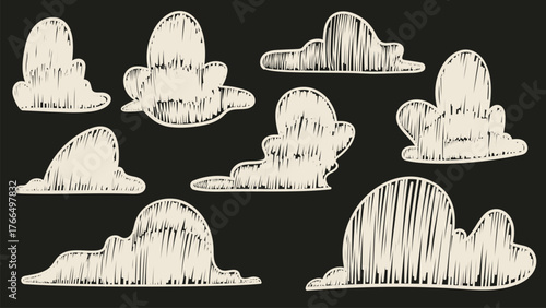 Doodle drawing of clouds. Vintage ink sketch style minimalist white clouds. Hand drawn vector illustration.