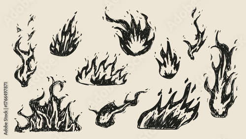 Set of black doodle flame. Pen ink various fire element. Isolated vector illustration.