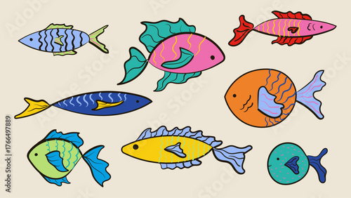 Doodle drawing of sea animals. Colorful ink sketch style minimalist fishes. Hand drawn retro style vector illustration.