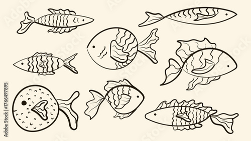 Doodle drawing of sea animals. Vintage ink sketch style minimalist fishes. Hand drawn retro style vector illustration.