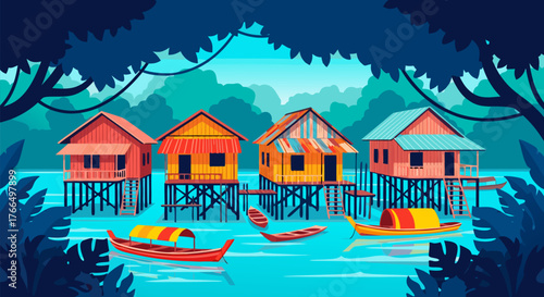 Scenic vector landscape of a tropical fishing village on the water with traditional boats and jungle foliage c.eps illustration