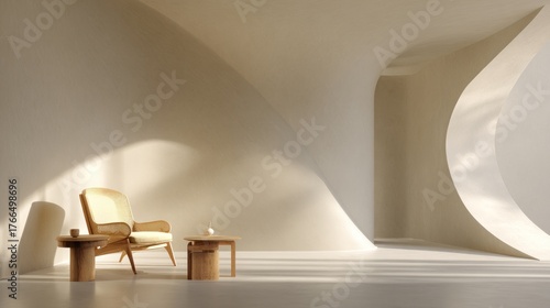 Minimalist interior design with chair and table near a curved wall with light