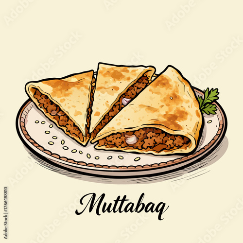 Hand-drawn illustration of delicious Mutabbaq, a savory stuffed pancake, presented on a plate with a sprig of parsley, perfect for food blogs and culinary content