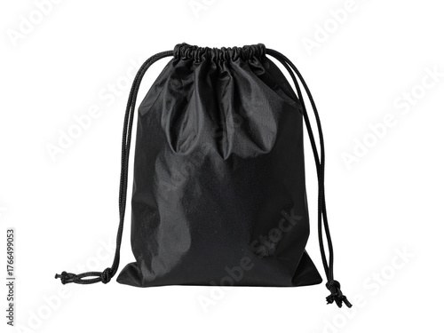 Black drawstring pouch bag mockup isolated on white background for branding, packaging, jewelry, or gift presentation in product design.