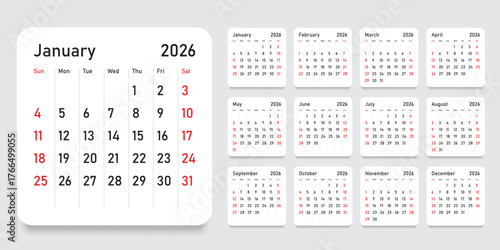 Calendar 2026 year icon in flat style. Planner vector illustration on isolated background. Calender sign business concept.