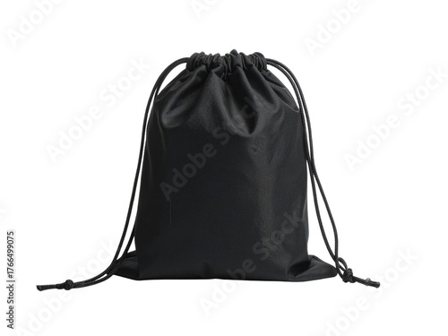 Black drawstring pouch mockup bag displayed against white background, perfect for packaging, jewelry, gifts, or branding presentations.