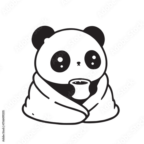 Kawaii Panda Wrapped in Blanket – Black and White Cozy Vector Illustration