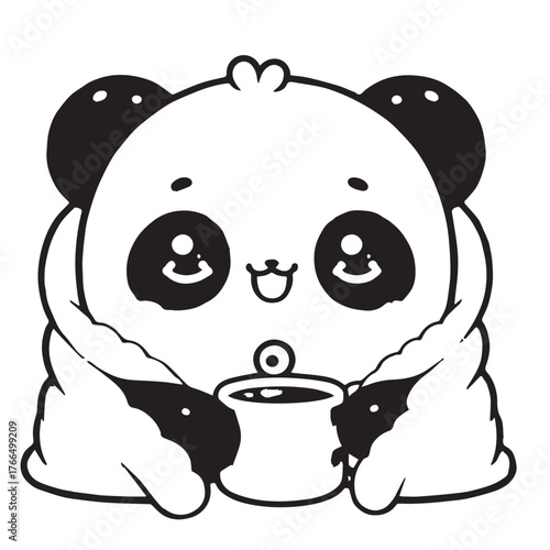 Kawaii Panda Wrapped in Blanket – Black and White Cozy Vector Illustration