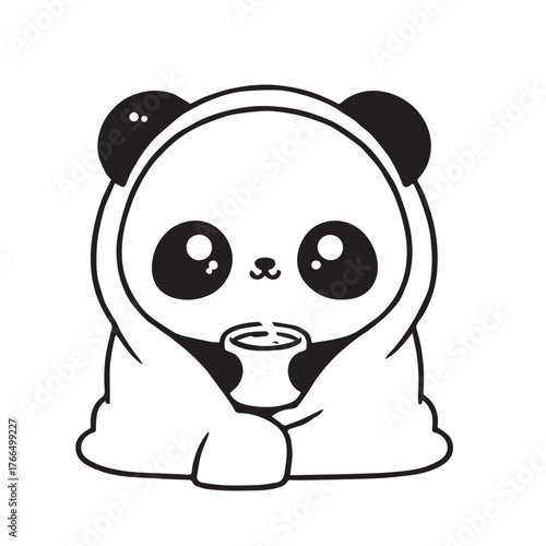 Kawaii Panda Wrapped in Blanket – Black and White Cozy Vector Illustration