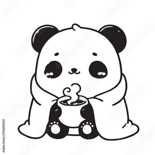 Kawaii Panda Wrapped in Blanket – Black and White Cozy Vector Illustration