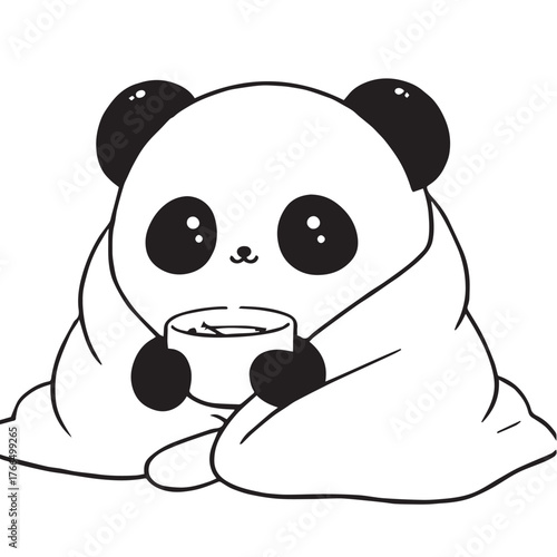 Kawaii Panda Wrapped in Blanket – Black and White Cozy Vector Illustration