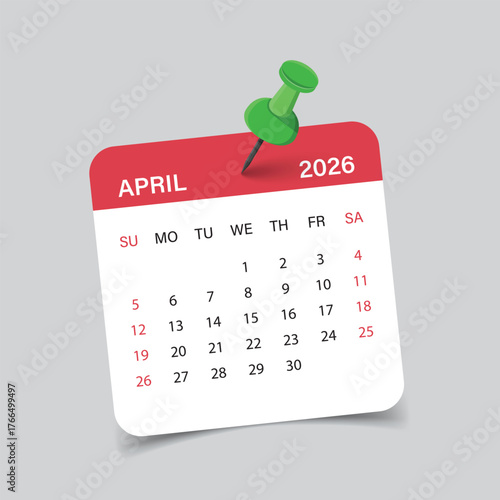 Calendar april 2026 icon in flat style. Planner vector illustration on isolated background. Calender sign business concept.