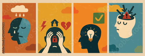 mental health issue concept art , silhouette person head,  anxiety - depression negative emotion , vector drawing