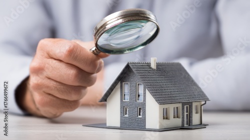 Examining a miniature house with magnifying glass real estate concept