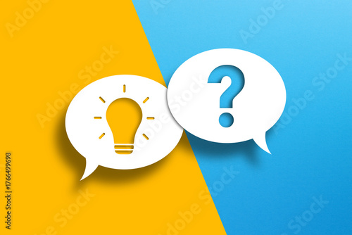 Creative idea or problem solving concept. Light bulb and question mark on speech bubbles.	