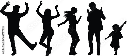 Silhouette people dancing, energetic group posing, family fun movement, child dancing silhouette, active lifestyle illustration, joyful celebration, diverse figures,