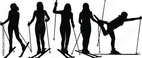 Skiing silhouettes, winter sports poses, athletes on skis, ski stances, ski balance, ski tricks, ski technique, ski training, ski performance, outdoor skiing silhouettes