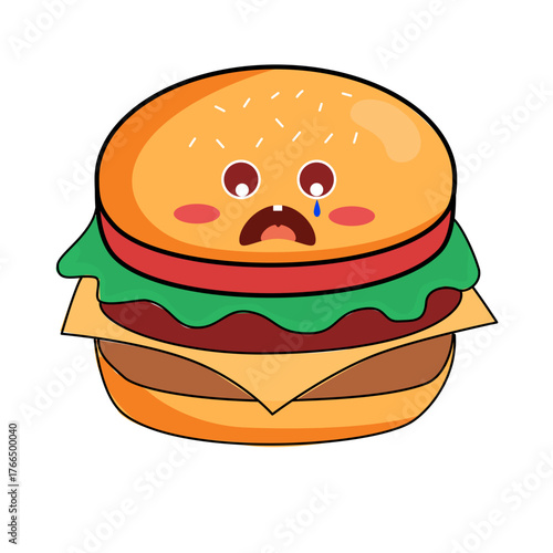 Sad burger character with tears, a whimsical food icon, perfect for expressing disappointment or food cravings humorously in social media and more